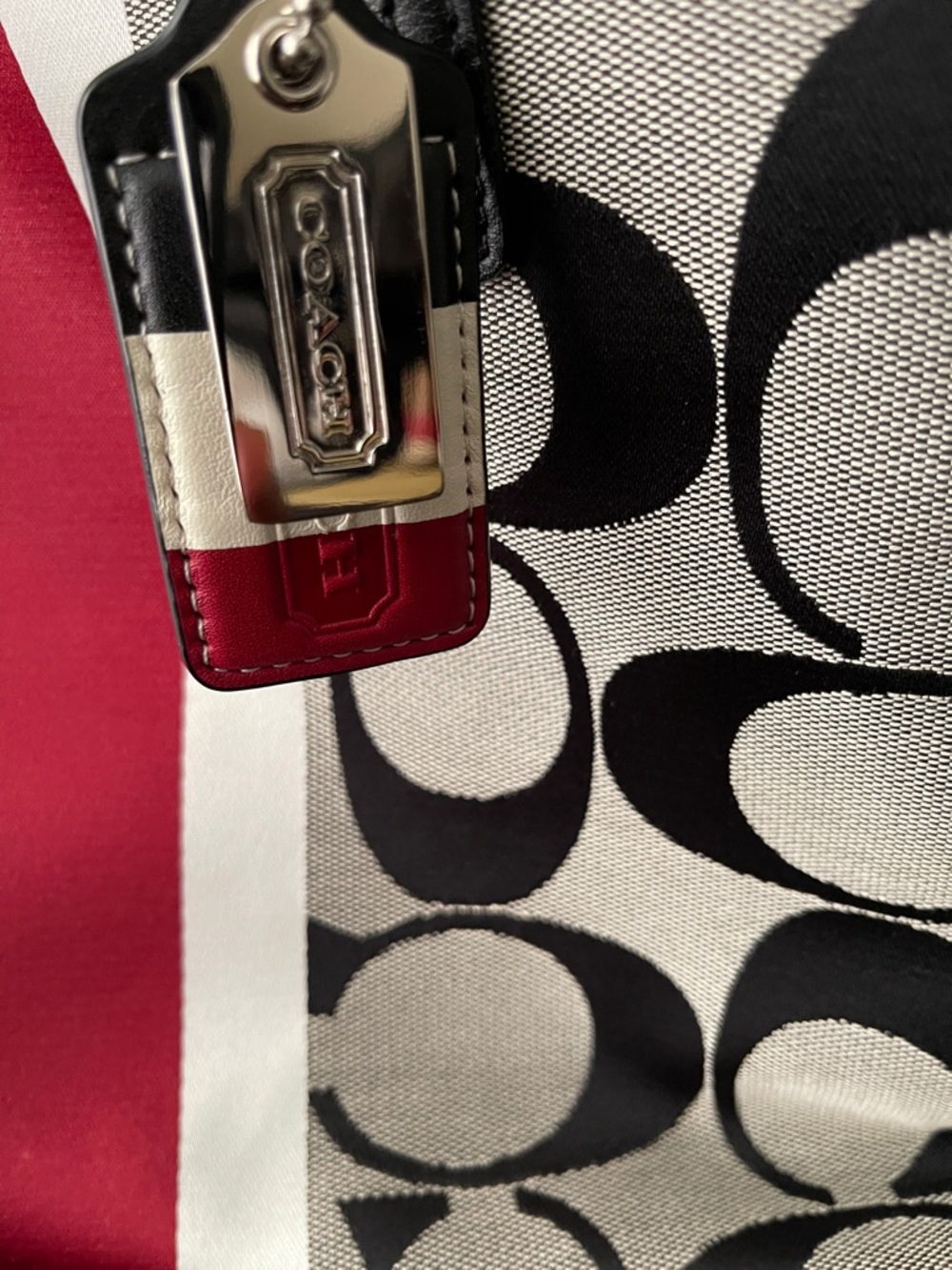 Coach Signature Stripe Tote Bag in Black, Gray & Red - Picture 2 of 10